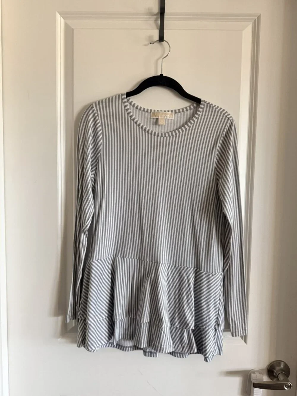 Michael Kors Grey White Pinstripe Long Sleeve Peplum Knit Top